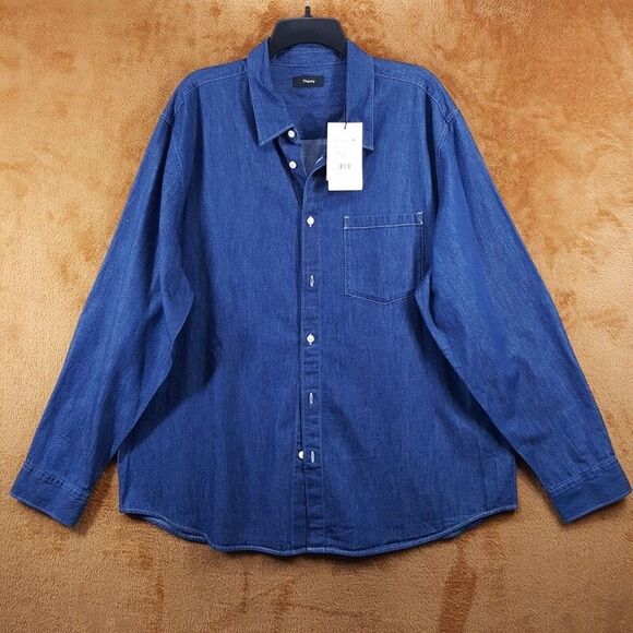 THEORY Mens Shirt XXL Blue Jean Button Up Long Sleeve Denim Pocket NOLL $265 - Picture 1 of 8